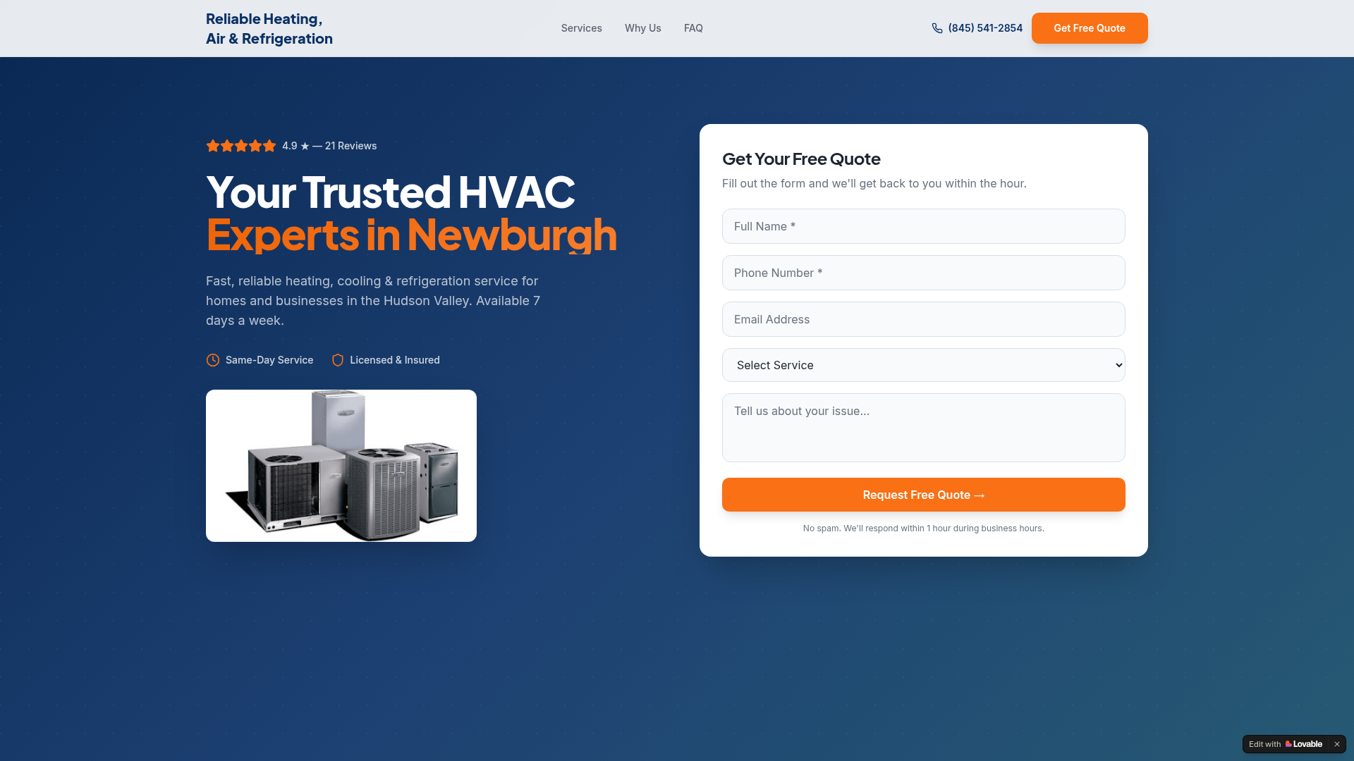 Screenshot of the Reliable Heating, Air & Refrigeration website